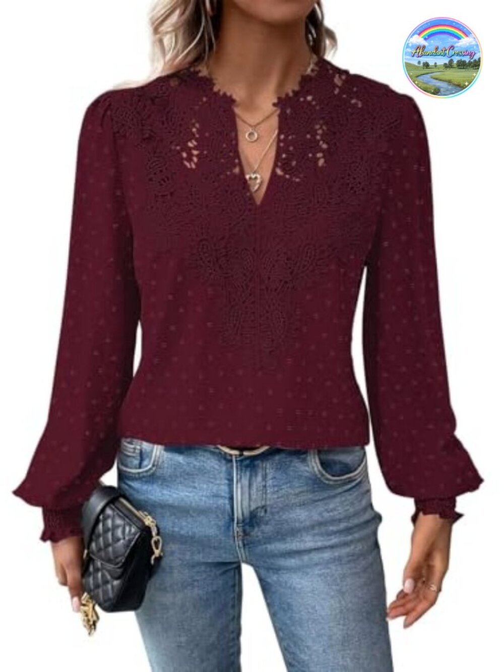 Falechay Long Sleeve Boho Flowy Lace Tops for Women V Neck Blouse